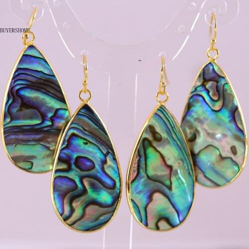 Double Sided Water Drop Bead Handmade Jewelry For Women Natural Blue New Zealand Abalone Shell Earrings 1Pair U163