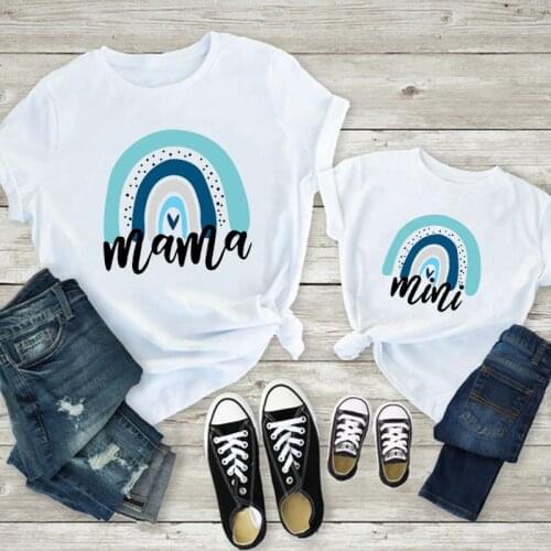 Mama and Mini Family Matching Tshirts Blue Rainbow Summer Short Sleeve Family Look T-shirts Mother and Daughter Fashion Clothes