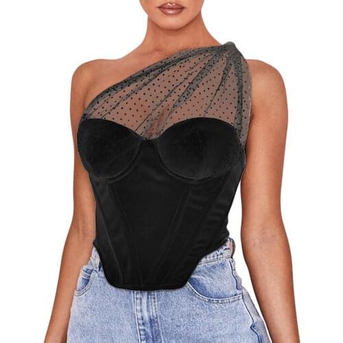 HIRIGIN Women Sexy One-shoulder Tanks Vest Summer Fashion Mesh Lace Polka Dot Backless Casual High Street Bustiers Corsets