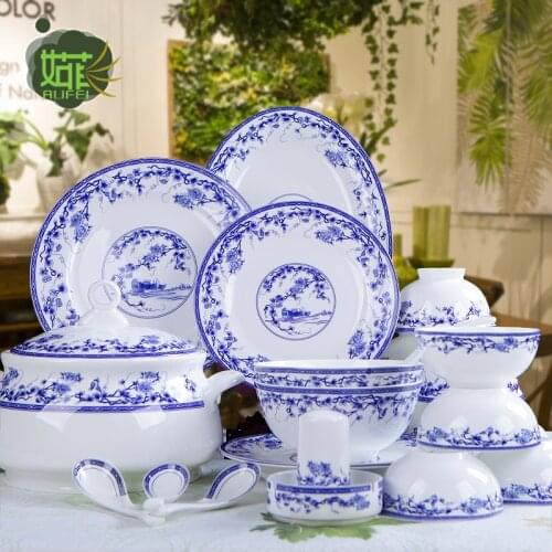 Jingdezhen ceramic tableware household tableware 56 heads of Chinese blue and white porcelain bowl set bone china