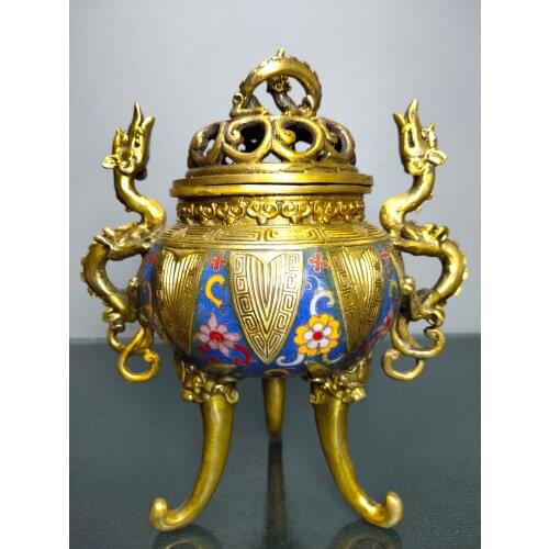 8"Tibet Temple Collection Old Bronze Cloisonne Enamel Dragon statue Binaural Three-legged Incense burner Ornaments Town House