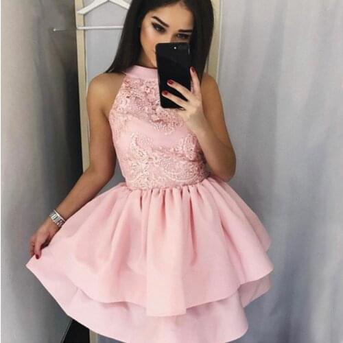 JIERUIZE Short Satin Evening Dresses O Neck Zipper Back Appliques Pink Mini Prom Gowns Homecoming dresses vestidos de fiesta