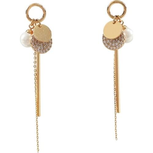 LANFLORA new Long tassels zircon women pearl stud earrings copper alloy stud earrings Classic bulk wholesale earrings