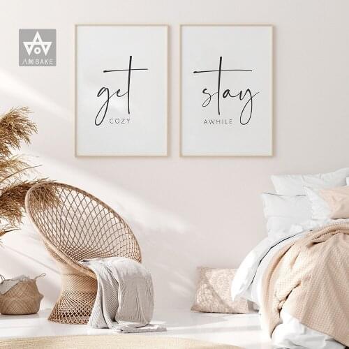Minimalist Get Cozy Stay Awhile Quotes Canvas Painting Black White Wall Art Poster Print Pictures Guest Bedroom Signs Home Decor