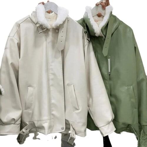 Fashion Motorcycle Wear PU Leather Short Jacket Women Winter 2021 New Korean Loose Lamb Wool White Leather Jacket