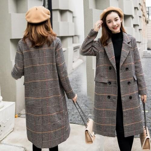 Fashion Slim Outerwear Elegant Woolen Coat Winter New Women plaid Woolen jacket Medium Long plaid Double-breasted Women Coat