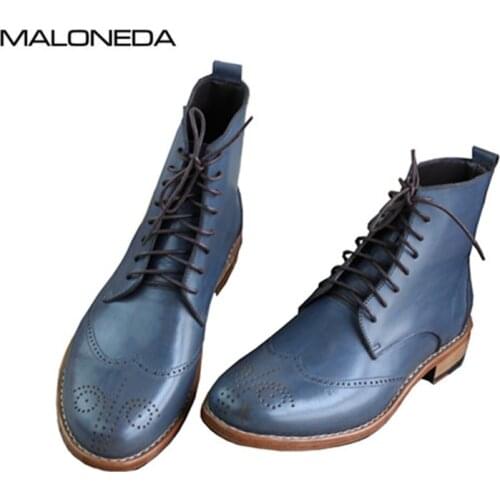 MALONEDE erkek ayakkabi Custom Made Blue Color Handmade Goodyear Full Cow Leather Brogue Mens Short Boots