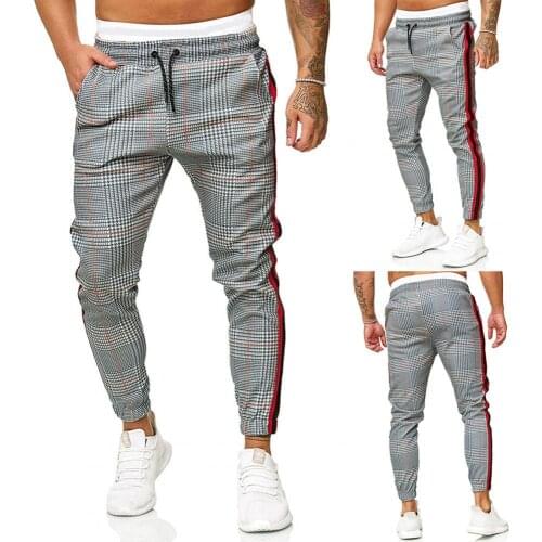 2021 new High quality Casual Men Skinny Pants Plaid Side Stripes Drawstring Ankle Tied Skinny Trousers for Sports drop shipping