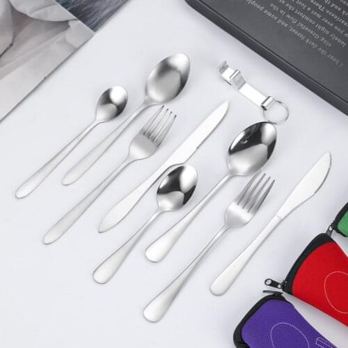 5pcs Set Dinnerware Portable Printed Stainless Steel Spoon Fork Steak Knife Spoon Straw Set Travel Cutlery Tableware with Bag