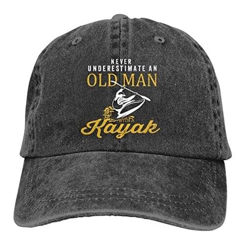Never Underestimate an Old Man with A Kayak Mens & Womens Baseball Cap Vintage Washed Adjustable Funny Dad Hat Black