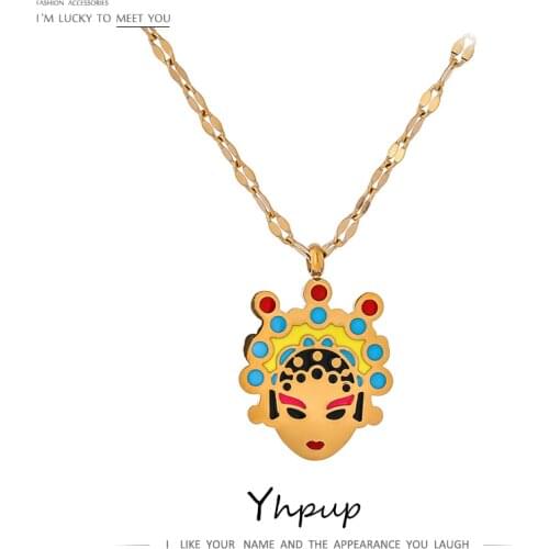 Yhpup Chinese Style Opera FACE Pendant Stainless Steel Necklace for Women Jewelry Stylish Golden Metal Texture Choker Necklace