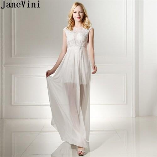 JaneVini Sexy White Beaded Long Prom Dress 2018 High Low Bridesmaids Dresses For Wedding Party Gowns Chiffon Sleeveless Formal