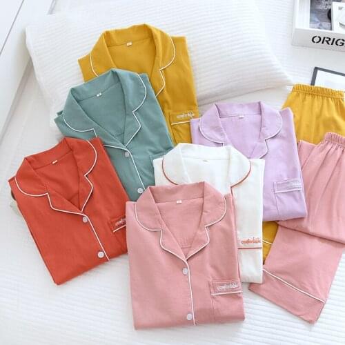 Spring/autumn Women Pajamas Set Knit Cotton Simple Pure Color Ladies Long Sleeve Sleepwear Summer Thin Loose Comfy Soft Homewear