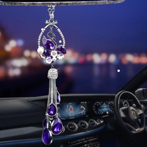Luxury Diamond Swan Rear View Mirror Ornament Lucky Star Car Hanging Accessories for Women Girls Bling Bling Crystal Decoration