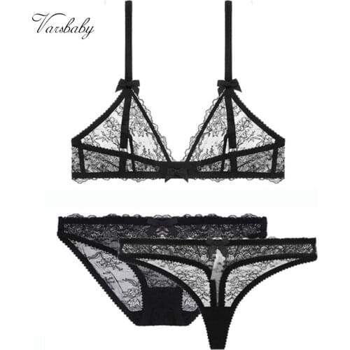 Varsbaby sexy comfortable transparent deep V underwear without wire free ring seamless unlined bra three-piece set 3pc/Lot