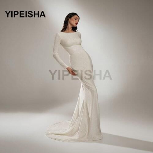 Gorgeous Glittery Long Sleeve Mermaid Evening Dresses Backless Scoop Neck Formal Prom Party Gown vestidos de fiesta платье