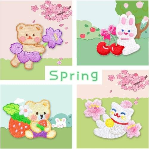 AHYONNIEX 1PC Cute Embroidery Patches for Bag Strawberry Bear Cherry Rabbit Cat Iron On Patches for Clothes Small DIY Patch Cute