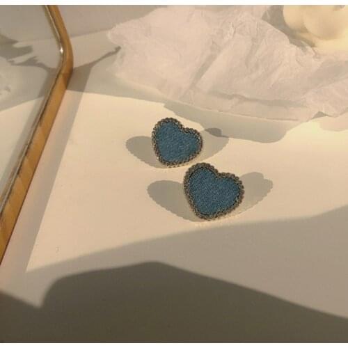 Retro Blue Color Denim Heart Earrings 2020 Gold Color Metal Love Heart Small Statement Stud Earrings for Women Party Jewelry