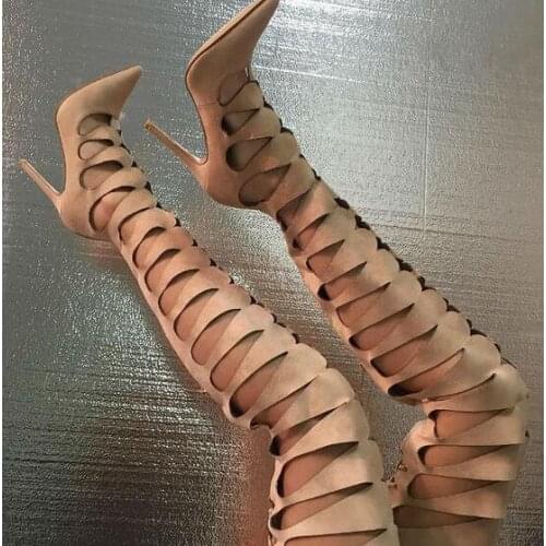 2018 Suede Leather Ladies High Heel Thigh Boots Sexy Point Toe Cut Outs Side Women Over The Knee Boots Lace Up Back Summer Boots