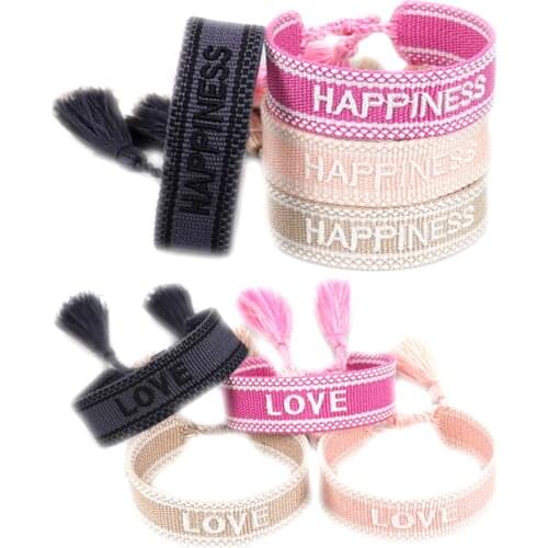 2pcs 69 Designs WILD LOVE PEACE SMILE Friendship Bracelet DREAM BELIEVE Embroidery Tassel Wristband Wedding Braided Rope Bangle