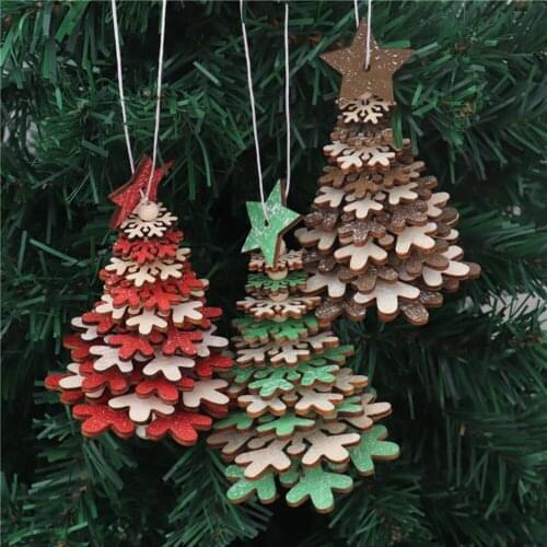 3D Christmas Ornament Wooden Christmas Tree Pendant with Bell Hanging Ornament For Home Party New Year