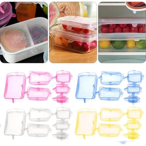6PCS/Set Reusable Silicone Seal Bowl Cover Round Square Food Fresh Cookware Lid Stretch Suction Universal Kitchen Accessory Tool