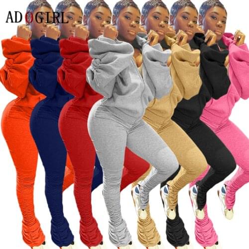 Adogirl Sexy Off Shoulder 2 Piece Set Women Puff Sleeve Top + Stacked Sweatpants Sets Autumn Winter Streetwear Femme Tracksuit