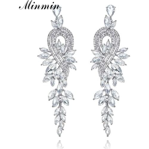 Minmin Shiny Luxury Marquise Leaf Crystal Wedding Drop Clip Earrings for Women Silver Color Bridal Earrings Party Jewelry MEH946