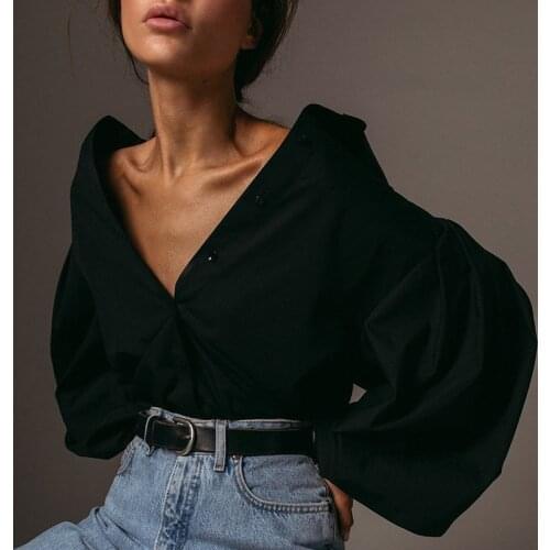 Spring Fashion Button Up Shirt Vintage Blouse Women Lapel Latern Sleeve Blouse Office Lady Long Sleeve Female Loose Street Shirt