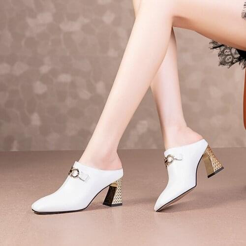 QZYERAI Brand Summer Women Fashion Slippers High-heeled Shoes Genuine Leather Cowhide Sandals Metal Buckle Slippers