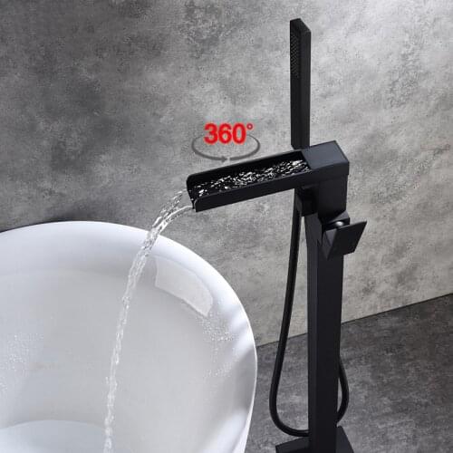 Black/Brushed Gold Stand Floor Mounted Bathtub Faucet Bathroom Brass Bath Mixer Water Tapware Square Design 360° Rotation Spout
