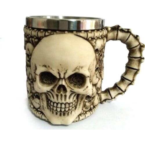 3D Skull Drinking Mug Double Wall Stainless Steel Resin Gothic Helmet Coffee Mugs Skull Bone Coffee Cup Crazy Christmas Gift