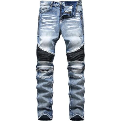 Mcikkny Men HIgh Street Ripped Biker Jeans Trousers Multi Zipper Patchwork Motorcycle Denim Pants Streetwear