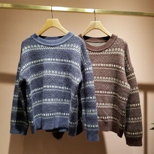 New Womens Retro Elegant Round Neck Long-Sleeved Pullover Jacquard Knitted Sweater Autumn And Winter