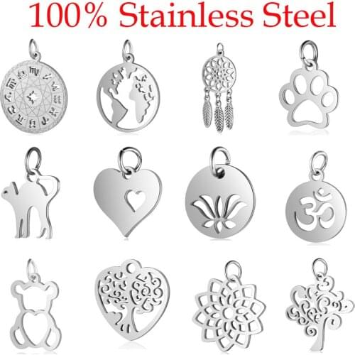 5pcs/lot 100% Stainless Steel Dog Paw Cat Animal Charm Wholesale Sun Om Connector Yoga Lotus Heart DIY Charms for Jewelry Making