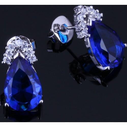 Lovely Water Drop Blue Cubic Zirconia White CZ Silver Plated Stud Earrings V0392