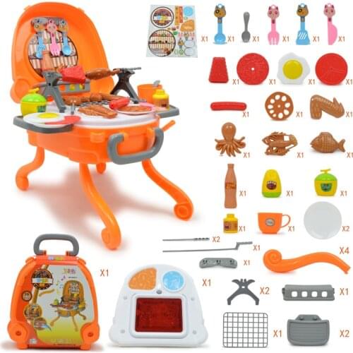 Pretend Play Music Lighting Children BBQ Toy Simulation Kitchen Toys Set Suitcase Educational Outdoor Plastic Kids Barbecue Doll