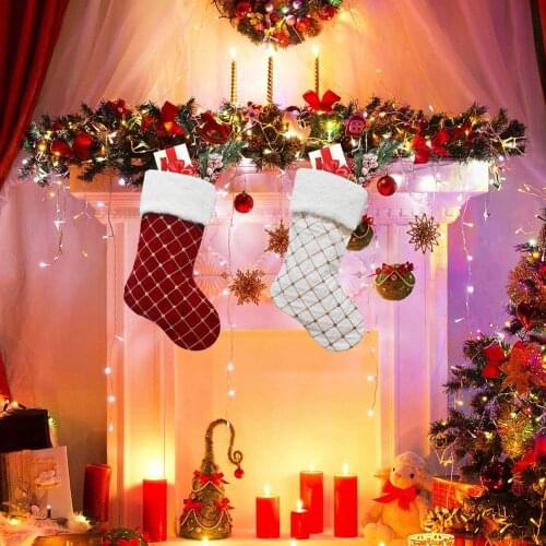 Christmas Stocking Home Decoration Christmas Ornament Plaid Red White Stockings Gift Holders For Holiday Decor Xmas Tree Hanging
