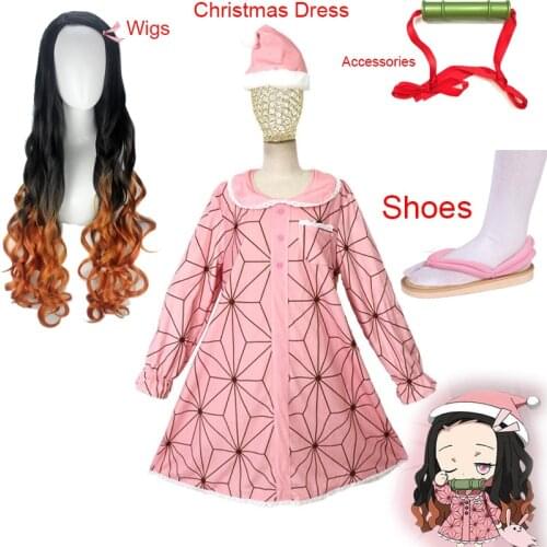 2020 Christmas Costume Kamado Nezuko Cosplay Dress Demon Slayer Nezuko Wig And Shoes Womans Clothing Accessories Gift