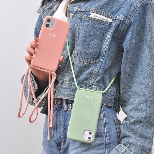 Custom Name Initials for iPhone 11 Pro Max Silicone Case Sling Lanyard Rope For iPhone 12 Case 7 8 Plus X XR XS SE 2020 Funda
