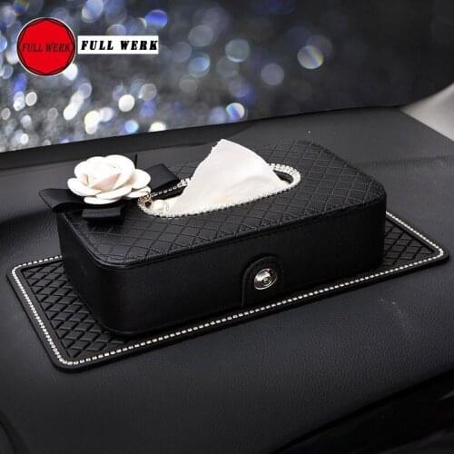 Car Styling Block Type Tissue Box for Girls Seat Back Hanging Paper Napkin Case Storage Box Holder Cover with Camellia Flower