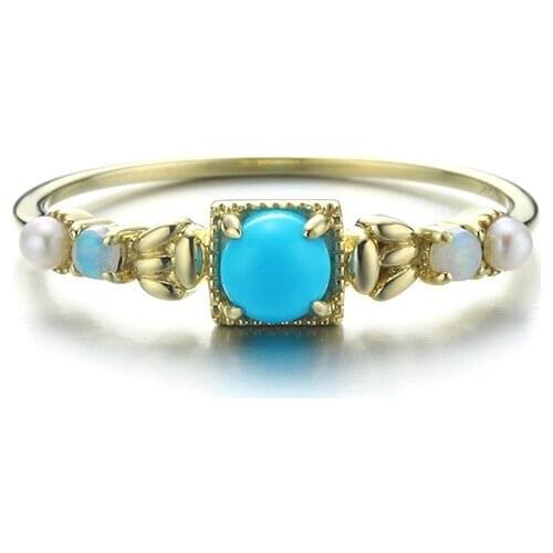 UBESTNICE Vintage Real 9K Yellow Gold Natural Gemstone Turquoise Pearl Opal 14K Gold Rings For Women Party Gift Fine Jewelry