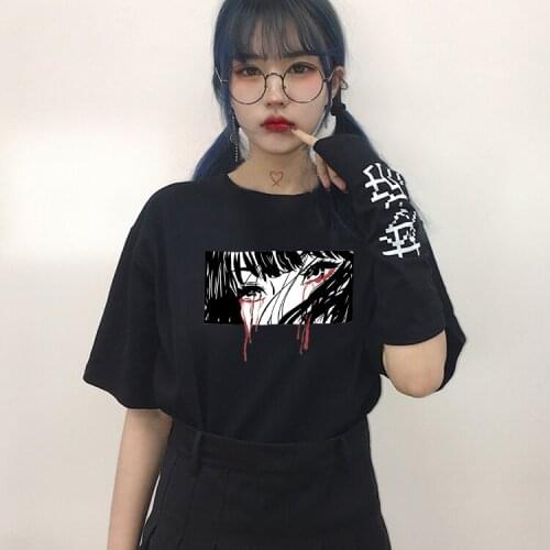 Harajuku Fun Japanese Anime Crying Girl Print T-Shirt Womens Tops Large Size Loose Fashion Vintage Personality Womens T-Shirt