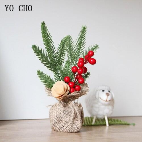 YO CHO Wooden Base Artificial Plant Ornament Fake Plant Trees Berries Xmas Decor Small Treetop Home Christmas Office Decoration