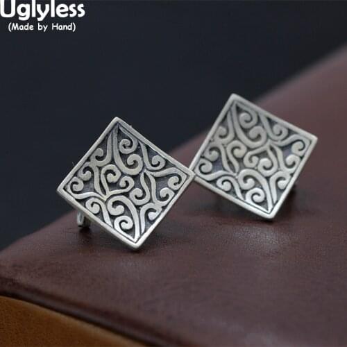 Uglyless Concave Square Earrings for Women Solid 990 Full Silver Vines Vintage Earrings 17MM Thai Silver Brincos Ethnic Jewelry