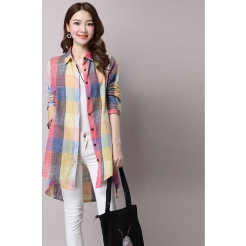 2021 Women Cotton Linen Plaid Shirts Korean Style Turn-Down Collar Blouse Womens Summer Loose Elegant Vacation Shirts Tops L493