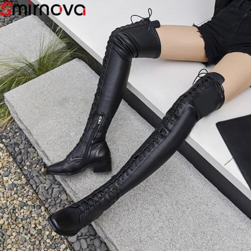 Smirnova big size 34-43 fashion over the knee boots women square toe genuine leather boots zip cross tied autumn winter boots