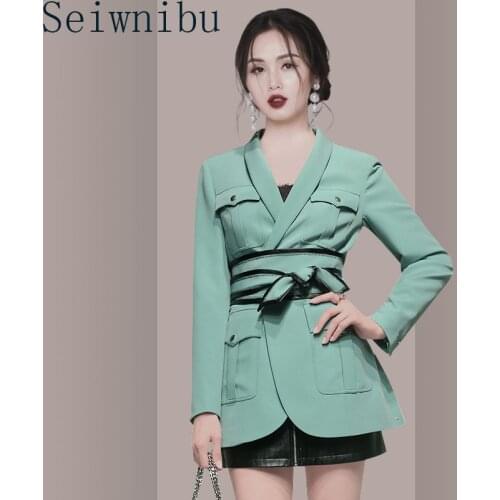Brand Female Runway Women 2 Piece Set 2020 New Autumn Chic Green Notched Lace Up Blazers Coat + PU Zip A Line Skirt Sets