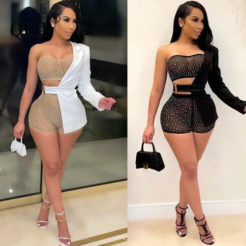 QILI Women Set Diamonds Mesh 3 Piece Short Sets One Shoulder Sexy Top + Shorts + Suit New Style Matching Outfits
