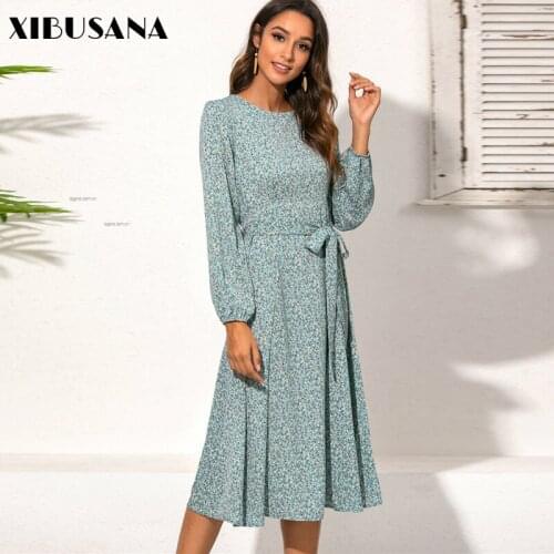 XIBUSANA Chiffon Dress Women 2021 New Floral Printed Autumn Spring Long Sleeved High Waist Casual Dresses Female A-line Vestidos